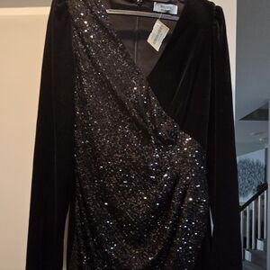 Black Sequin Velour Long Sleeve Cocktail Dress